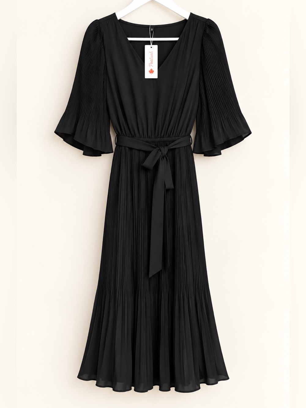 Petallush Black Pleated Midi Dress with Tie Waist